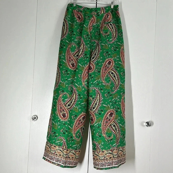 Zara High Waisted Wide Leg Bohemian Paisley Print Pants Green Multicolor Size L - Picture 4 of 13